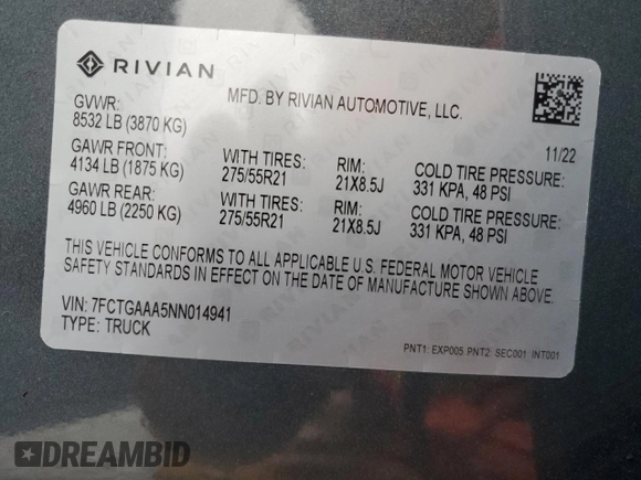 2022 Rivian R1T Adventure z VIN 7FCTGAAA5NN014941, wystawiony jako Copart lot #43771755 z przebiegiem 43 410 mil mil oraz Szkody całkowita. Historia ofert i sprzedaży dostępna na DreamBid. Obrazek 13.