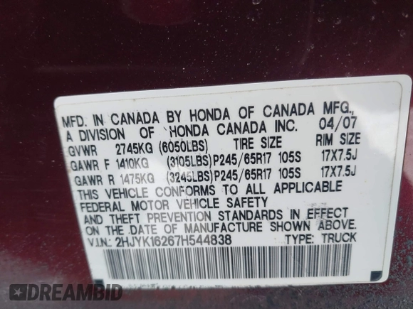 2007 Honda Ridgeline RT with VIN 2HJYK16267H544838, listed as a IAAI auction lot 41586748 with 153,410 mi miles. Bid and sale history available at carsss.com. Image 9.