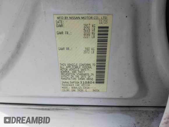 2016 Nissan Altima S with VIN 1N4AL3AP5GN310804, listed as a IAAI auction lot 42044974 with 140,021 mi miles and . Bid and sale history available at carsss.com. Image 9.
