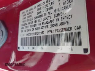 2009 Honda Accord LX-S with VIN 1HGCS12319A002353, listed as a IAAI auction lot 42132815 with 166,059 mi miles and . Bid and sale history available at DreamBid. Image 9.