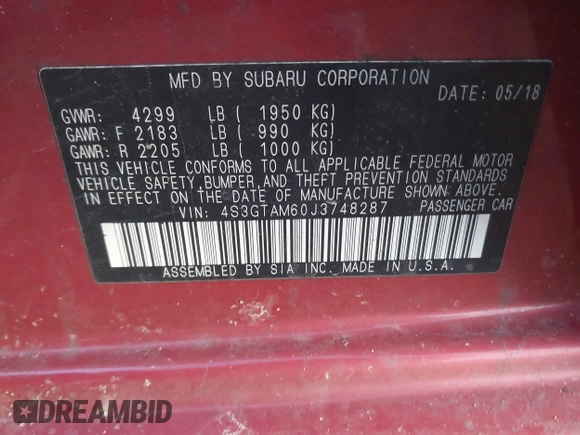 2018 Subaru Impreza Special Sports with VIN 4S3GTAM60J3748287, listed as a IAAI auction lot 41092963 with Not provided miles and . Bid and sale history available at DreamBid. Image 9.
