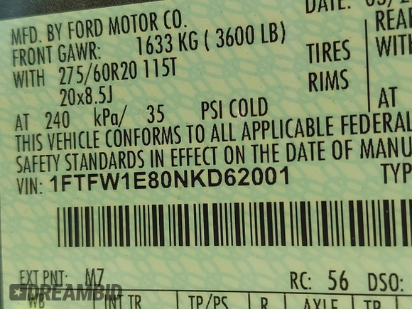 2022 Ford F-150 XL with VIN 1FTFW1E80NKD62001, listed as a IAAI auction lot 42641889 with 85,096 mi miles and . Bid and sale history available at DreamBid. Image 9.