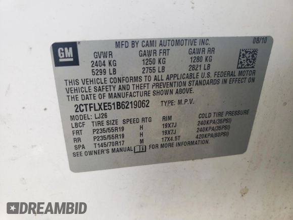 2011 GMC Terrain SLT-2 with VIN 2CTFLXE51B6219062, listed as a Copart auction lot 60278565 with 228,786 mi miles and Clean title. Bid and sale history available at DreamBid. Image 13.