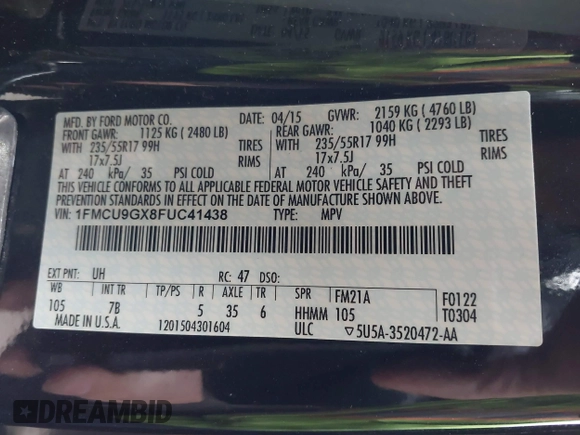 2015 Ford Escape SE with VIN 1FMCU9GX8FUC41438, listed as a IAAI auction lot 41869587 with 109,728 mi miles. Bid and sale history available at carsss.com. Image 9.