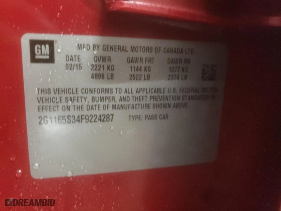 2015 Chevrolet Impala LTZ with VIN 2G1165S34F9224287, listed as a Copart auction lot 88551795 with 168,254 mi miles and Salvage Title. Bid and sale history available at carsss.com. Image 12.