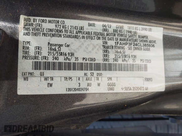 2012 Ford Focus SE с VIN 1FAHP3F24CL385936, выставлен на аукционе IAAI как лот 42305165 с пробегом 140 200 миль миль и . История ставок и продаж доступна на DreamBid. Изображение 9.