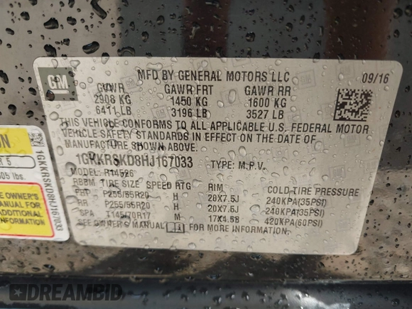 2017 GMC Acadia Limited with VIN 1GKKRSKD8HJ167033, listed as a IAAI auction lot 42145357 with Not provided miles and . Bid and sale history available at DreamBid. Image 9.