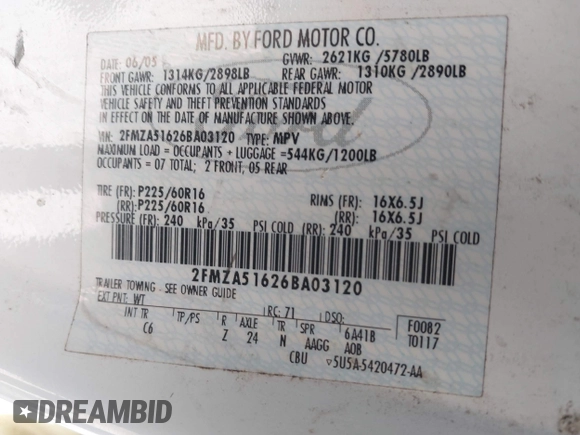 2006 Ford Freestar SE с VIN 2FMZA51626BA03120, выставлен на аукционе IAAI как лот 41951134 с пробегом 146 473 миль миль и . История ставок и продаж доступна на DreamBid. Изображение 9.