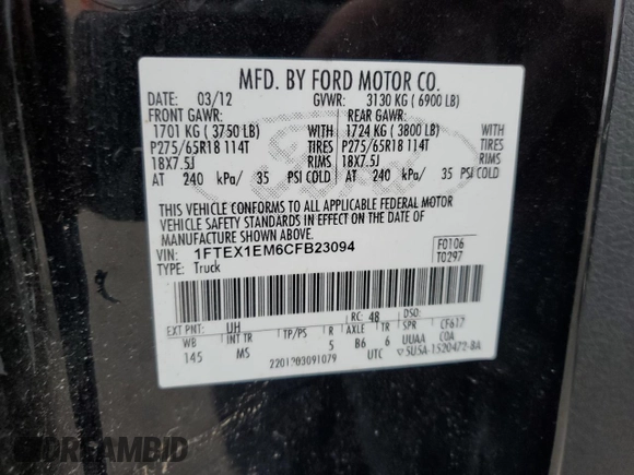 2012 Ford F-150 XL with VIN 1FTEX1EM6CFB23094, listed as a Copart auction lot 85738994 with 146,386 mi miles and Salvage Title. Bid and sale history available at carsss.com. Image 14.