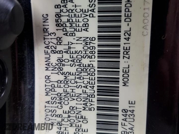 2013 Toyota Corolla L with VIN 5YFBU4EE6DP158976, listed as a Copart auction lot 45322895 with 112,874 mi miles and Salvage Title. Bid and sale history available at carsss.com. Image 12.