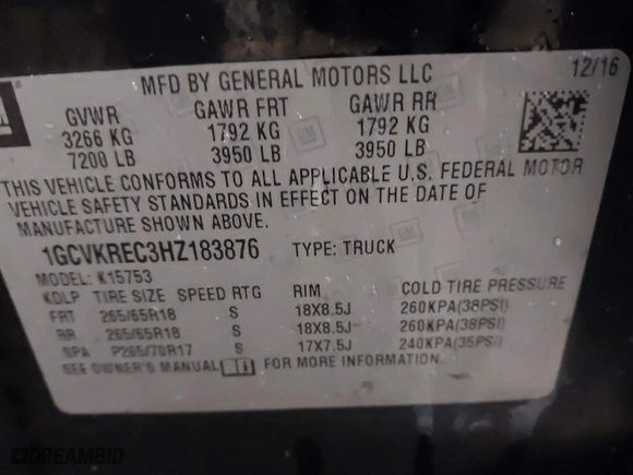2017 Chevrolet Silverado 1500 LT with VIN 1GCVKREC3HZ183876, listed as a IAAI auction lot 41404639 with 122,367 mi miles. Bid and sale history available at carsss.com. Image 9.