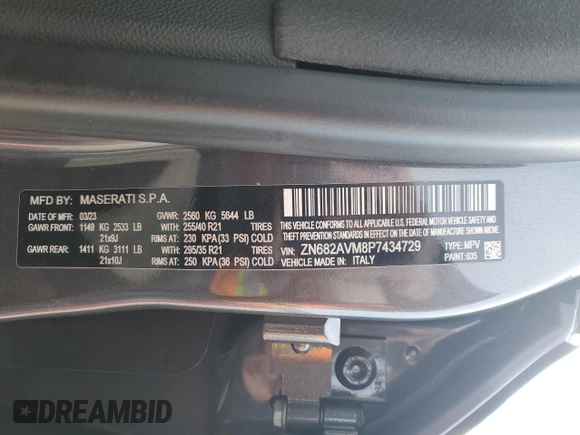2023 Maserati Grecale Modena z VIN ZN682AVM8P7434729, wystawiony jako Copart lot #88773195 z przebiegiem Nie podano mil oraz Szkody całkowita. Historia ofert i sprzedaży dostępna na DreamBid. Obrazek 13.