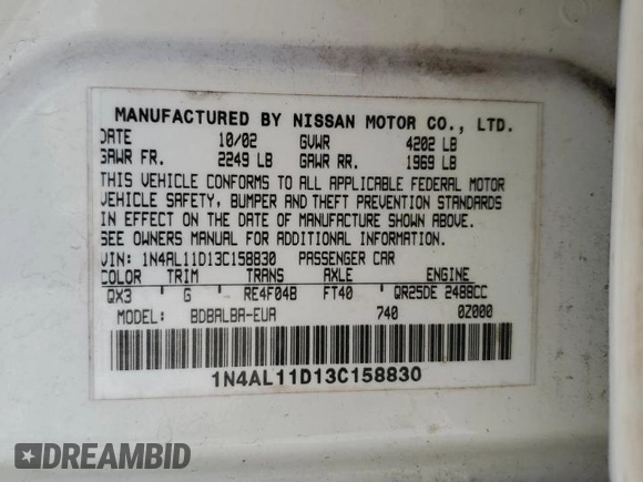 2003 Nissan Altima S with VIN 1N4AL11D13C158830, listed as a Copart auction lot 53248725 with 192,914 mi miles and Non Repairable. Bid and sale history available at carsss.com. Image 12.