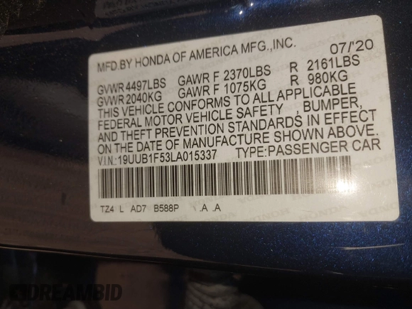 2020 Acura TLX w/Technology Pkg with VIN 19UUB1F53LA015337, listed as a IAAI auction lot 41427035 with 44,450 mi miles. Bid and sale history available at carsss.com. Image 9.