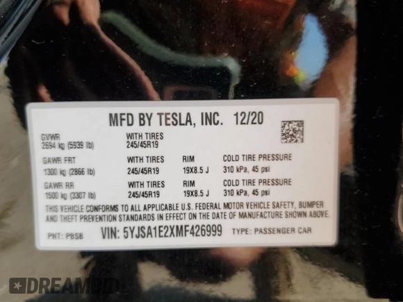 2021 Tesla Model S Long Range Plus z VIN 5YJSA1E2XMF426999, wystawiony jako Copart lot #61094375 z przebiegiem 30 170 mil mil oraz Szkoda całkowita • Salvage title. Historia ofert i sprzedaży dostępna na DreamBid. Obrazek 13.