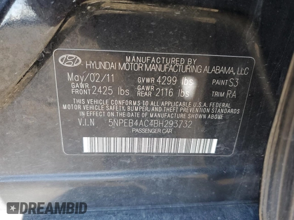 2011 Hyundai Sonata GLS with VIN 5NPEB4AC4BH293732, listed as a Copart auction lot 55535925 with 202,134 mi miles and Clean Title. Bid and sale history available at DreamBid. Image 12.