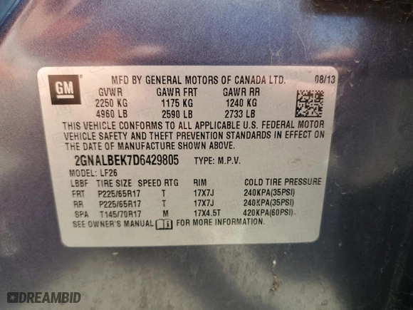 2013 Chevrolet Equinox LS with VIN 2GNALBEK7D6429805, listed as a Copart auction lot 53391765 with 239,049 mi miles and Clean Title. Bid and sale history available at carsss.com. Image 12.