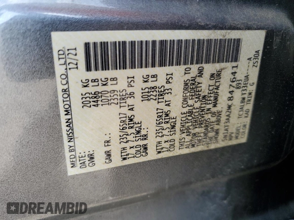 2021 Nissan Rogue S with VIN 5N1AT3AA2MC847641, listed as a Copart auction lot 54755195 with 62,121 mi miles and Salvage title. Bid and sale history available at DreamBid. Image 13.