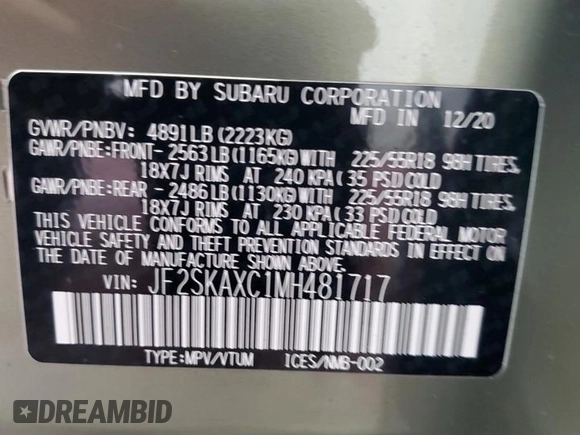 2021 Subaru Forester Touring with VIN JF2SKAXC1MH481717, listed as a Copart auction lot 64078355 with 62,104 mi miles and Salvage title. Bid and sale history available at DreamBid. Image 13.