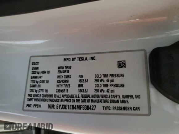 2021 Tesla Model 3 Long Range with VIN 5YJ3E1EB4MF938427, listed as a Copart auction lot 88270665 with 67,246 mi miles and Salvage Title. Bid and sale history available at carsss.com. Image 14.
