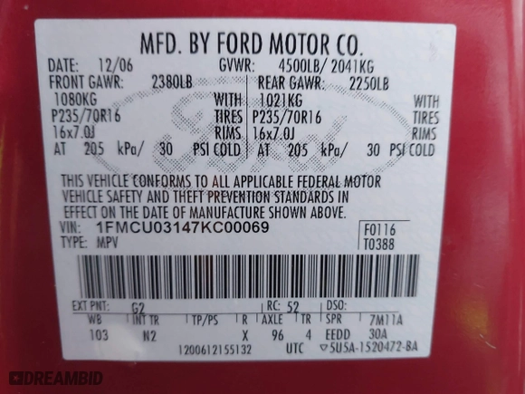 2007 Ford Escape XLT with VIN 1FMCU03147KC00069, listed as a IAAI auction lot 41343434 with 209,220 mi miles. Bid and sale history available at carsss.com. Image 9.