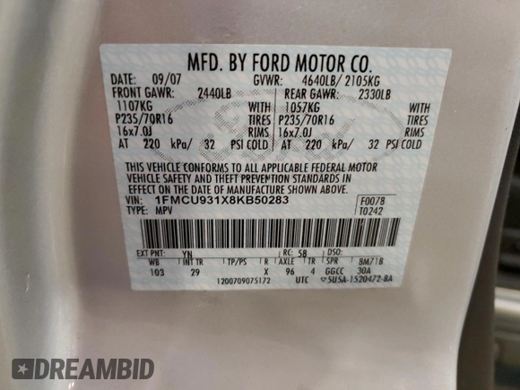 2008 Ford Escape XLT с VIN 1FMCU931X8KB50283, выставлен на аукционе Copart как лот 58369735 с пробегом 197 394 миль миль и Списание • Salvage title. История ставок и продаж доступна на DreamBid. Изображение 13.