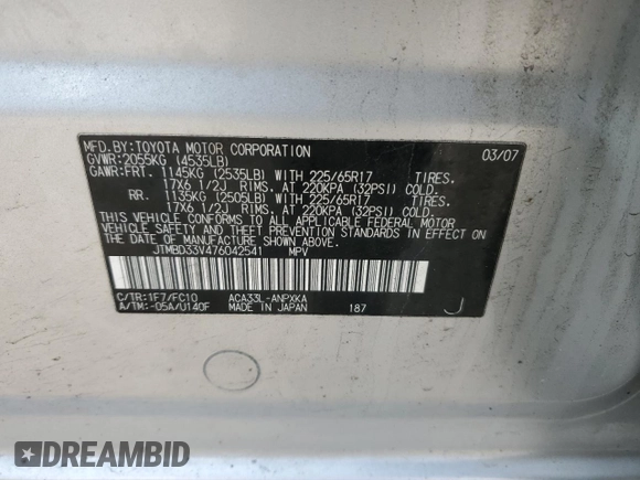 2007 Toyota RAV4 with VIN JTMBD33V476042541, listed as a Copart auction lot 50938955 with 209,425 mi miles and Salvage Title. Bid and sale history available at carsss.com. Image 15.