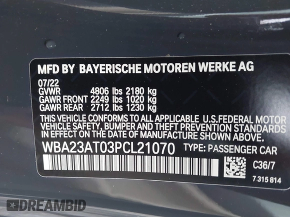 2023 BMW 4 Series 430i with VIN WBA23AT03PCL21070, listed as a IAAI auction lot 42730718 with 19,859 mi miles and . Bid and sale history available at DreamBid. Image 9.