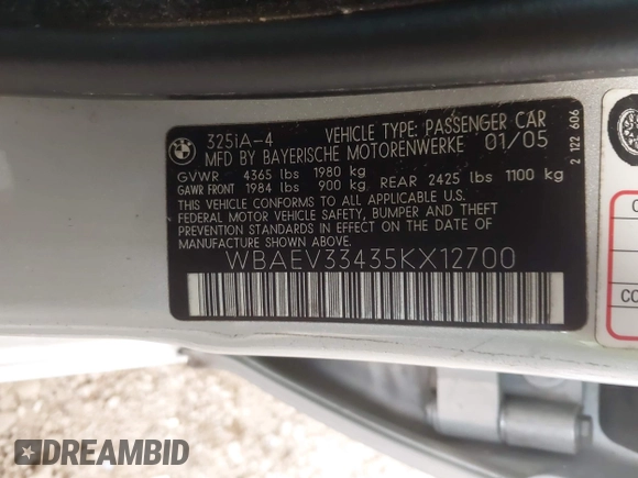 2005 BMW 3 Series 325i with VIN WBAEV33435KX12700, listed as a IAAI auction lot 42803872 with 111,410 mi miles and . Bid and sale history available at DreamBid. Image 9.