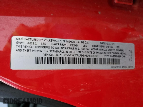 2011 Volkswagen Jetta SE with VIN 3VWDZ7AJ9BM058662, listed as a Copart auction lot 59530225 with 158,192 mi miles and Salvage title. Bid and sale history available at DreamBid. Image 12.