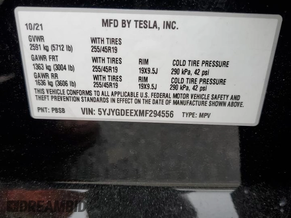 2021 Tesla Model Y Long Range with VIN 5YJYGDEEXMF294556, listed as a Copart auction lot 46668035 with 42,772 mi miles and Salvage Title. Bid and sale history available at DreamBid. Image 14.