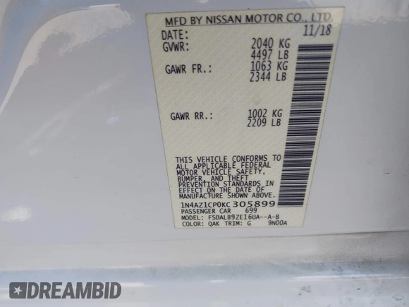 2019 Nissan LEAF SV z VIN 1N4AZ1CP0KC305899, wystawiony jako IAAI lot #41746355 z przebiegiem 31 703 mil mil oraz . Historia ofert i sprzedaży dostępna na DreamBid. Obrazek 9.