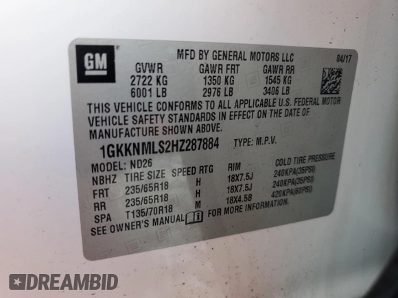 2017 GMC Acadia SLT with VIN 1GKKNMLS2HZ287884, listed as a Copart auction lot 60132475 with 121,630 mi miles and Salvage title. Bid and sale history available at DreamBid. Image 14.