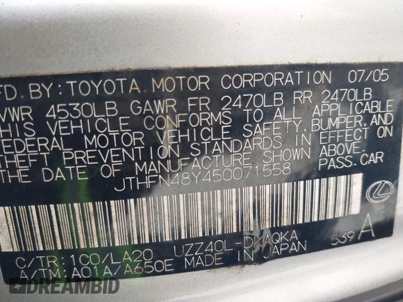 2005 Lexus SC 430 z VIN JTHFN48Y450071558, wystawiony jako IAAI lot #41939636 z przebiegiem 158 402 mil mil oraz . Historia ofert i sprzedaży dostępna na DreamBid. Obrazek 9.