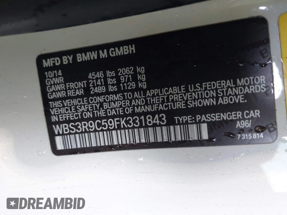 2015 BMW M4 with VIN WBS3R9C59FK331843, listed as a IAAI auction lot 42105398 with 105,348 mi miles and . Bid and sale history available at DreamBid. Image 9.
