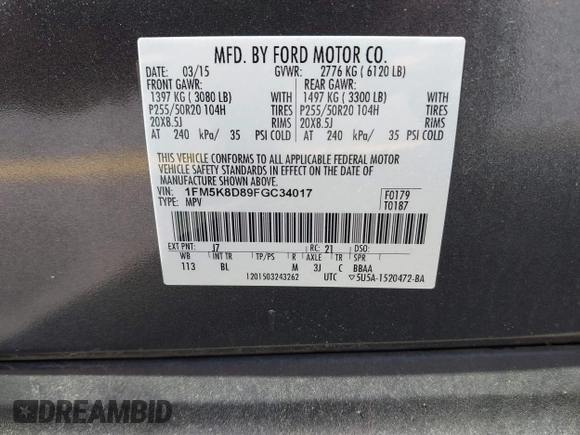 2015 Ford Explorer XLT with VIN 1FM5K8D89FGC34017, listed as a IAAI auction lot 42000904 with 164,374 mi miles and . Bid and sale history available at carsss.com. Image 9.