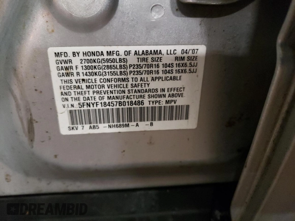 2007 Honda Pilot EX with VIN 5FNYF18457B018486, listed as a Copart auction lot 45153395 with 192,485 mi miles and Salvage Title. Bid and sale history available at DreamBid. Image 13.