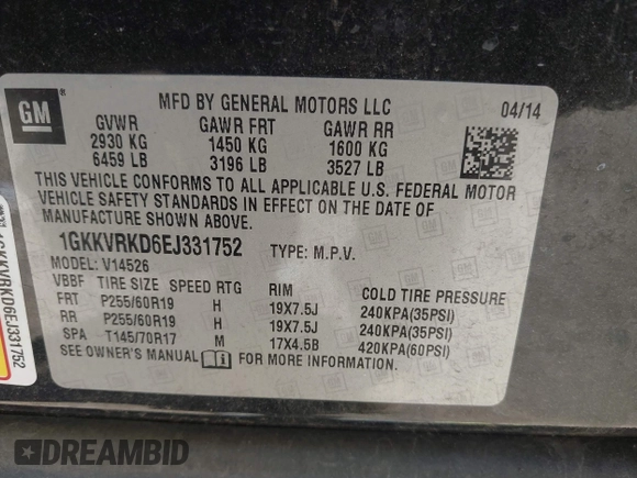 2014 GMC Acadia SLT z VIN 1GKKVRKD6EJ331752, wystawiony jako IAAI lot #42040907 z przebiegiem 143 177 mil mil oraz . Historia ofert i sprzedaży dostępna na DreamBid. Obrazek 9.