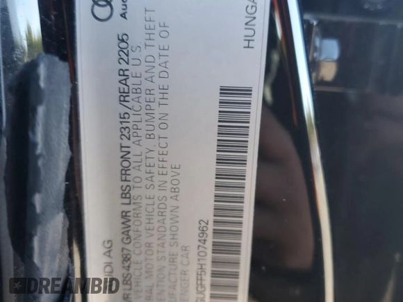 2017 Audi A3 Sedan Premium Plus with VIN WAUGUGFF5H1074962, listed as a Copart auction lot 73351784 with 41,506 mi miles and Salvage Title. Bid and sale history available at carsss.com. Image 12.