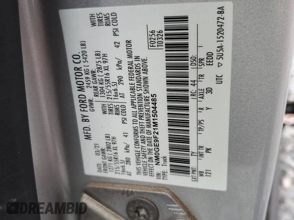 2021 Ford Transit Connect XLT with VIN NM0GE9F21M1504485, listed as a Copart auction lot 63164835 with 62,345 mi miles and Non repairable. Bid and sale history available at DreamBid. Image 13.