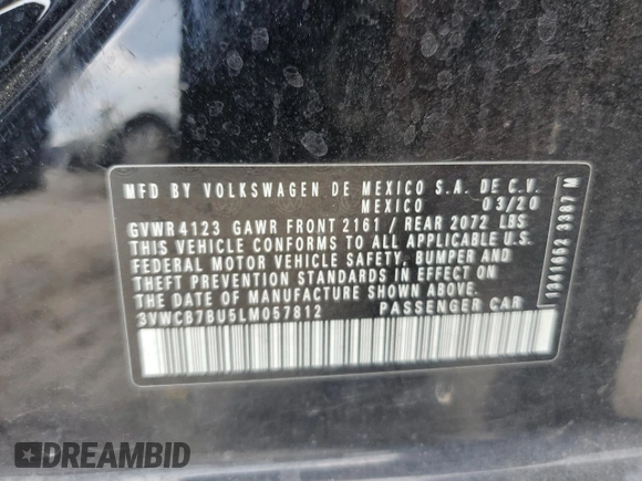 2020 Volkswagen Jetta S z VIN 3VWCB7BU5LM057812, wystawiony jako Copart lot #56272775 z przebiegiem 53 039 mil mil oraz Nie do naprawy • Non repairable. Historia ofert i sprzedaży dostępna na DreamBid. Obrazek 12.