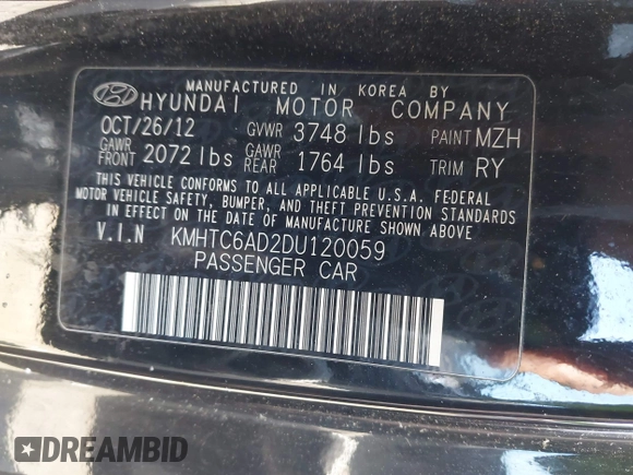 2013 Hyundai Veloster w/Black Int with VIN KMHTC6AD2DU120059, listed as a IAAI auction lot 42355902 with 81,221 mi miles and . Bid and sale history available at DreamBid. Image 9.