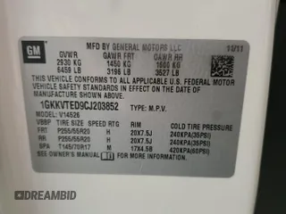 2012 GMC Acadia Denali with VIN 1GKKVTED9CJ203852, listed as a Copart auction lot 59018005 with 110,398 mi miles and Salvage title. Bid and sale history available at DreamBid. Image 13.