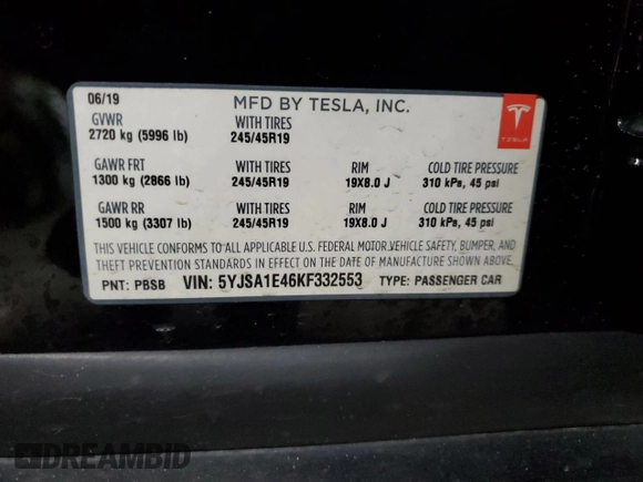 2019 Tesla Model S 100D с VIN 5YJSA1E46KF332553, выставлен на аукционе Copart как лот 41532825 с пробегом 131 073 миль миль и Списание • Salvage title. История ставок и продаж доступна на DreamBid. Изображение 12.