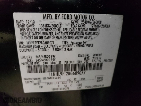2011 Lincoln MKS EcoBoost with VIN 1LNHL9FT2BG609077, listed as a Copart auction lot 59341025 with 184,591 mi miles and Salvage title. Bid and sale history available at DreamBid. Image 12.