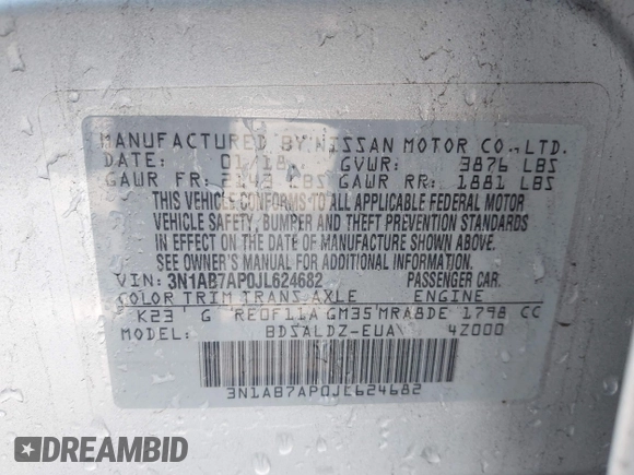2018 Nissan Sentra SV with VIN 3N1AB7AP0JL624682, listed as a IAAI auction lot 41966632 with 67,513 mi miles. Bid and sale history available at carsss.com. Image 9.