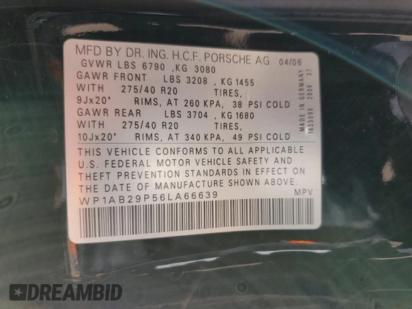 2006 Porsche Cayenne S with VIN WP1AB29P56LA66639, listed as a Copart auction lot 52097595 with 180,827 mi miles and Salvage title. Bid and sale history available at DreamBid. Image 14.