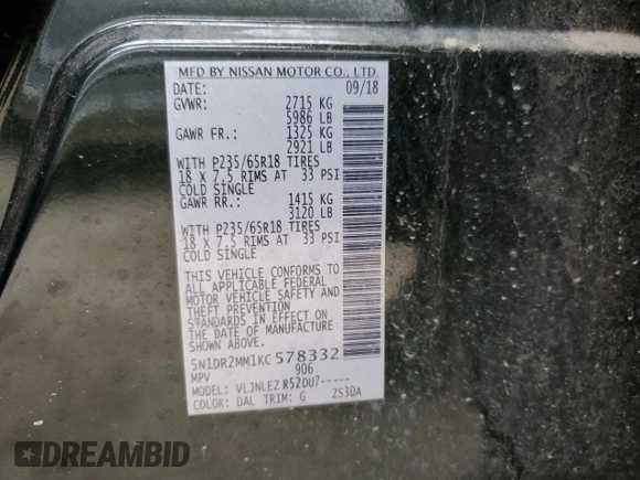 2019 Nissan Pathfinder SV z VIN 5N1DR2MM1KC578332, wystawiony jako Copart lot #51585115 z przebiegiem 113 522 mil mil oraz Szkoda całkowita • Salvage title. Historia ofert i sprzedaży dostępna na DreamBid. Obrazek 15.