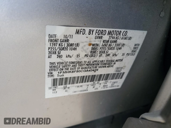 2012 Ford Explorer Limited with VIN 1FMHK8F80CGA43429, listed as a Copart auction lot 50606835 with 124,473 mi miles and Salvage Title. Bid and sale history available at DreamBid. Image 15.