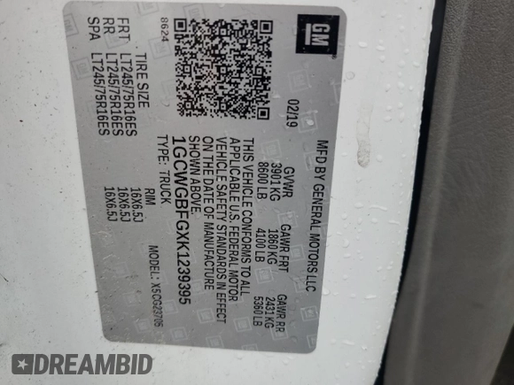 2019 Chevrolet Express Cargo with VIN 1GCWGBFGXK1239395, listed as a Copart auction lot 81158754 with 165,636 mi miles and Salvage title. Bid and sale history available at DreamBid. Image 12.